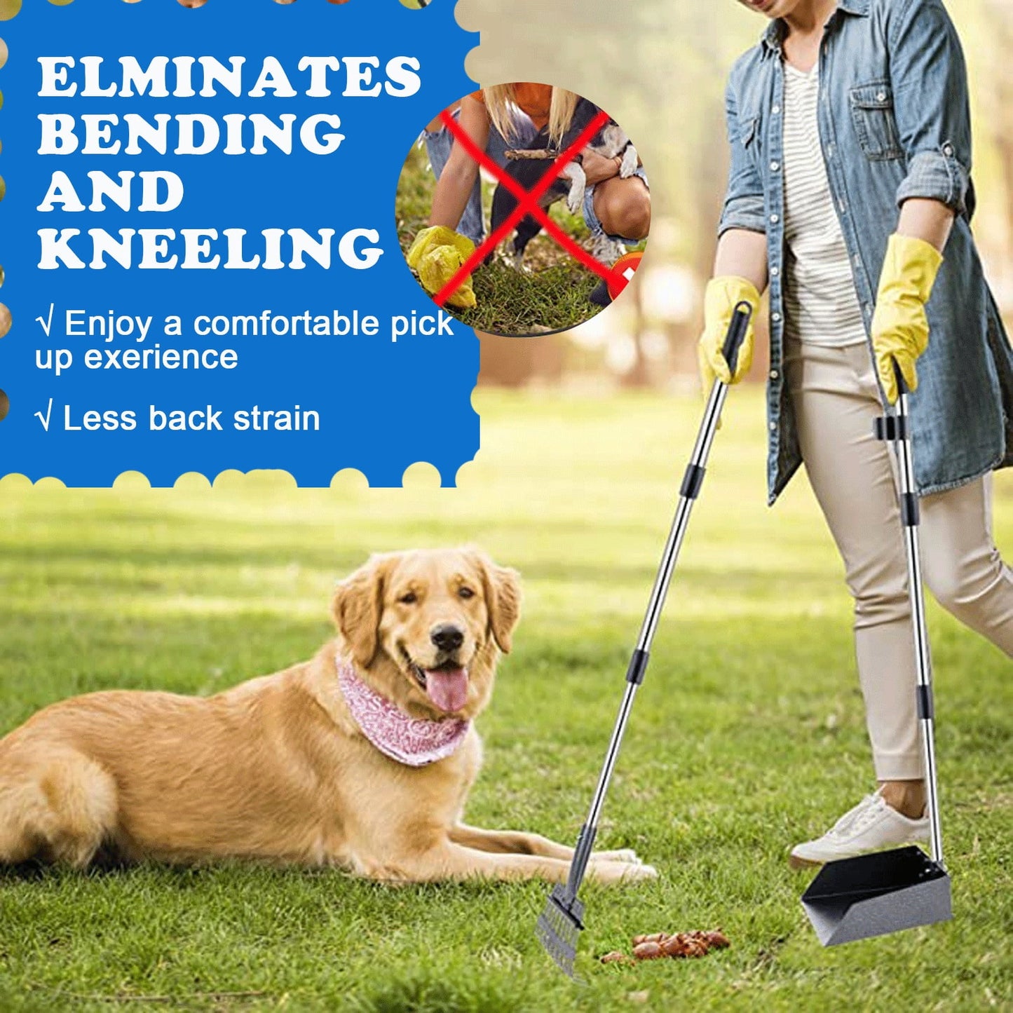 38” Long Handle Dog Pooper Scooper, Suchown 3-Piece Metal Waste Scooper Set with Rake, Tray and Spade, No Bend Cleanup for Yard, Grass, Lawn