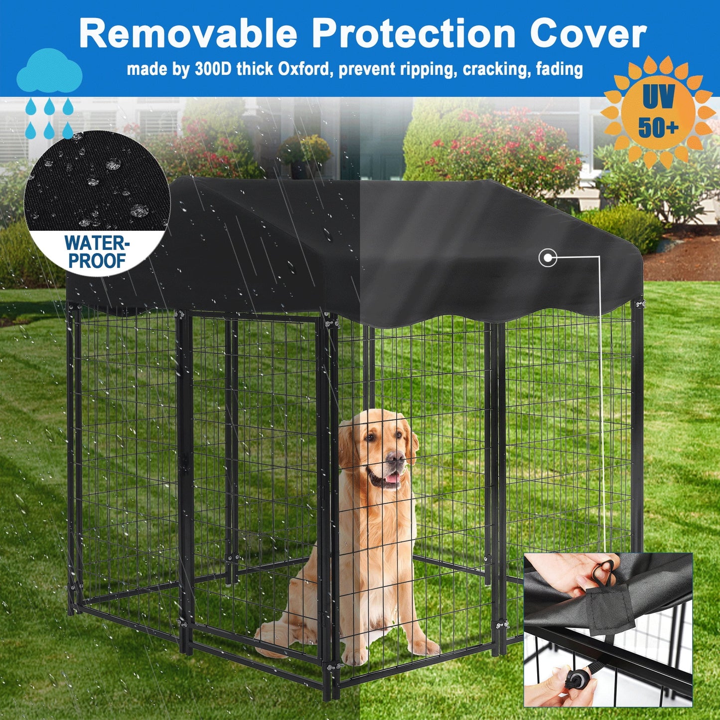 Suchown Outdoor Dog Kennel, Heavy Duty Dog Crate & Playpen, with Waterproof Roof, Secure Lock and Ground Stakes for Large Dogs