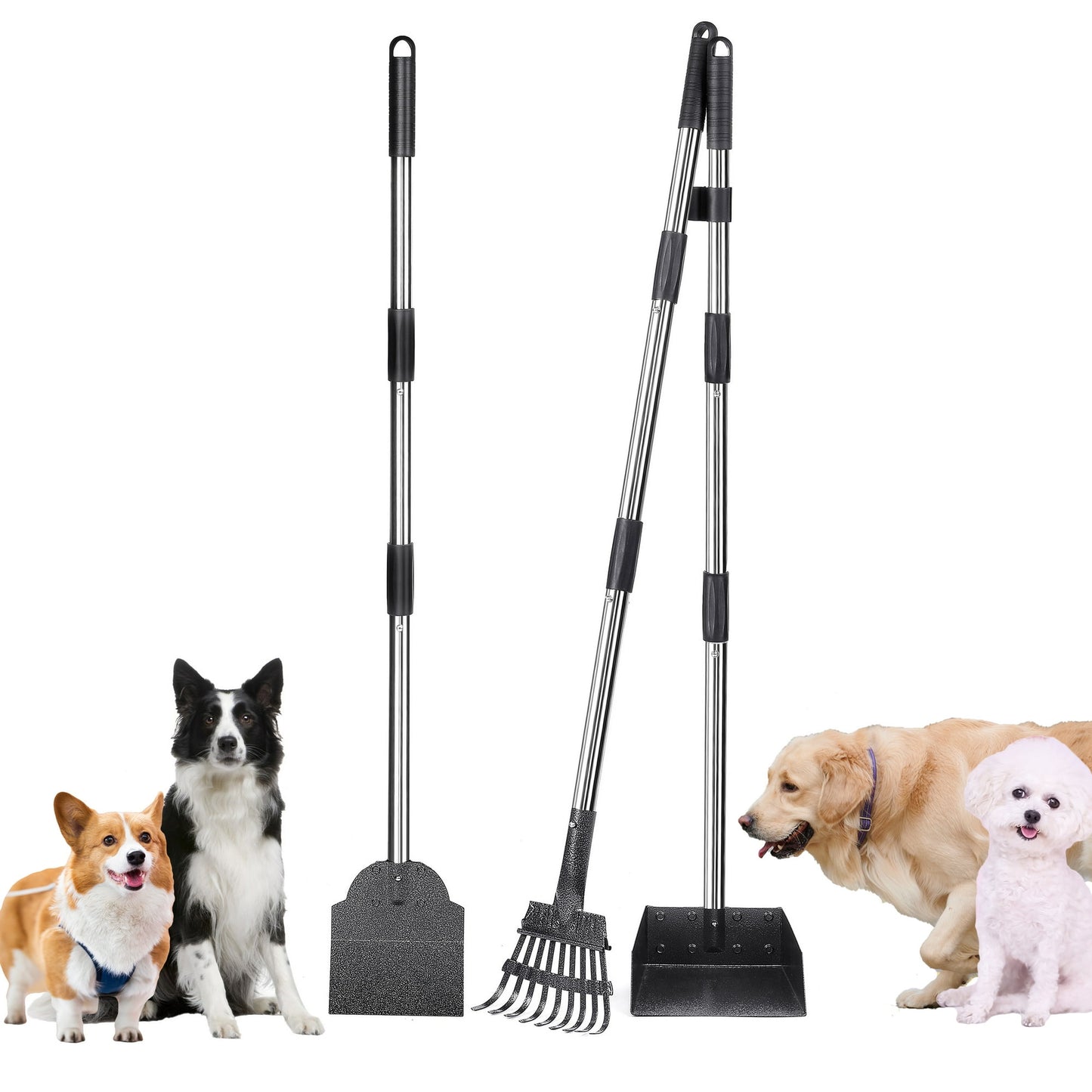 38” Long Handle Dog Pooper Scooper, Suchown 3-Piece Metal Waste Scooper Set with Rake, Tray and Spade, No Bend Cleanup for Yard, Grass, Lawn