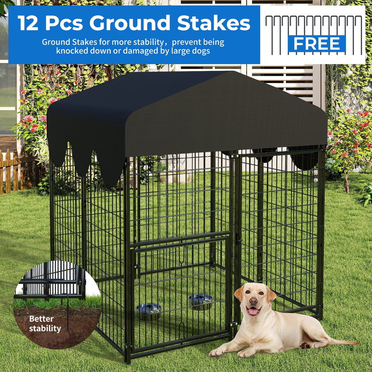 Suchown Dog Kennel Outdoor with Roof – Heavy Duty Dog Run, Large Dog Crate with Waterproof Cover, Rotating Feeder & Secure Lock, Expandable Dog Fence for Small to Large Dogs, 4' x 4.25' x 4.5'
