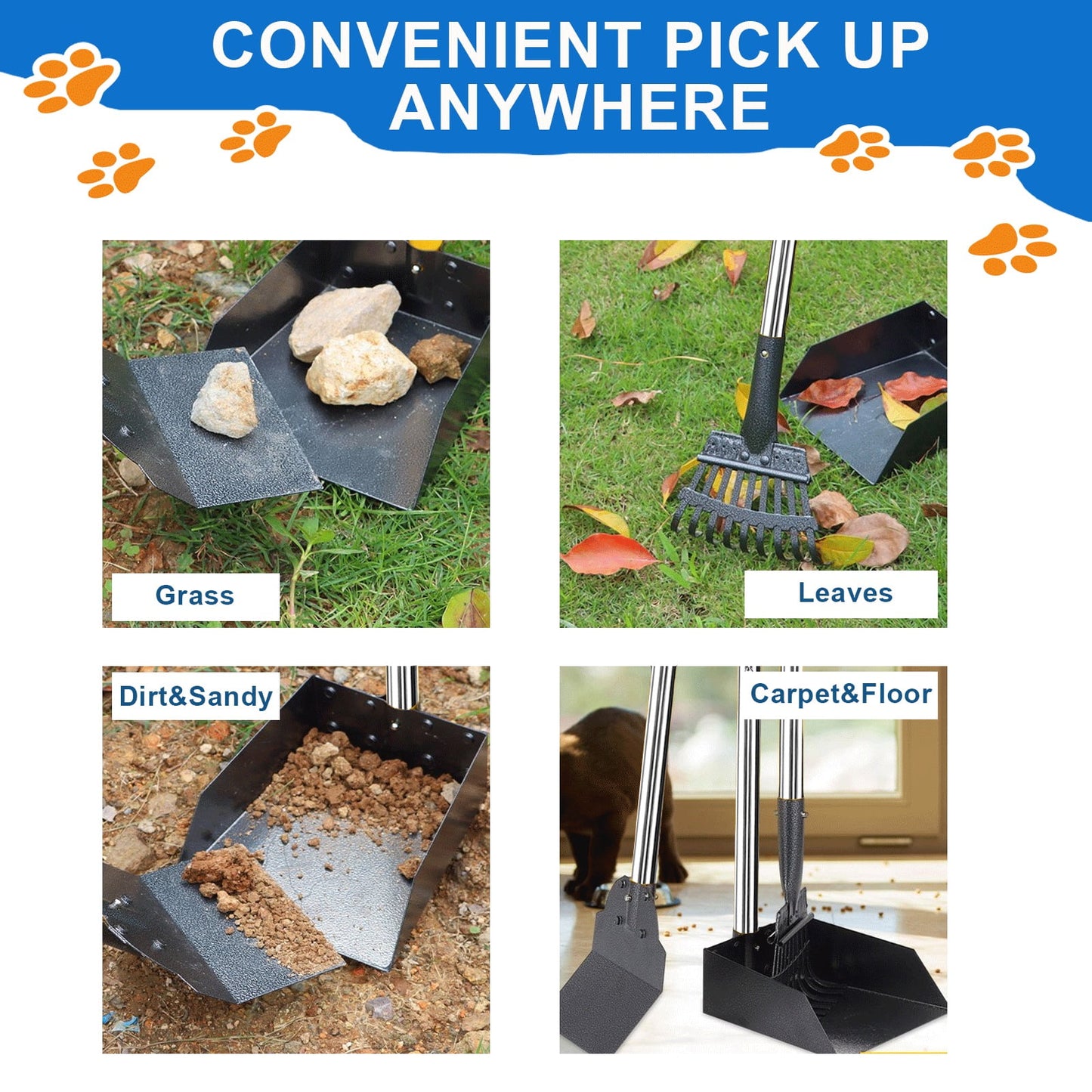 38” Long Handle Dog Pooper Scooper, Suchown 3-Piece Metal Waste Scooper Set with Rake, Tray and Spade, No Bend Cleanup for Yard, Grass, Lawn