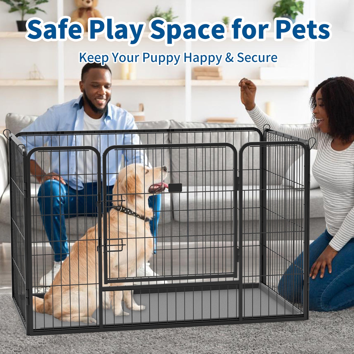 Suchown Heavy Duty Dog Playpen with Bottom Tray, 4 Panels Indoor Outdoor Dog Kennel, Puppy Playpen, Portable Dog Cage Dog Crate Pet Fence with Secure Lock, for Small Dogs, 50"L x 30"W x 32"H, Black