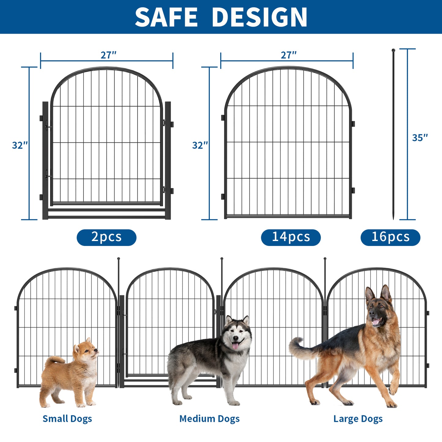Suchown 40/32" Arched Dog Playpen, 16-Panel Heavy Duty Outdoor Fence for Large Dogs, Portable Pet Kennel for Yard & Indoor Use