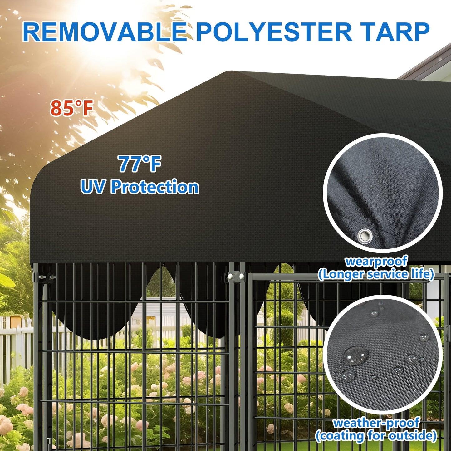 Suchown Dog Kennel Outdoor with Roof – Heavy Duty Dog Run, Large Dog Crate with Waterproof Cover, Rotating Feeder & Secure Lock, Expandable Dog Fence for Small to Large Dogs, 4' x 4.25' x 4.5'
