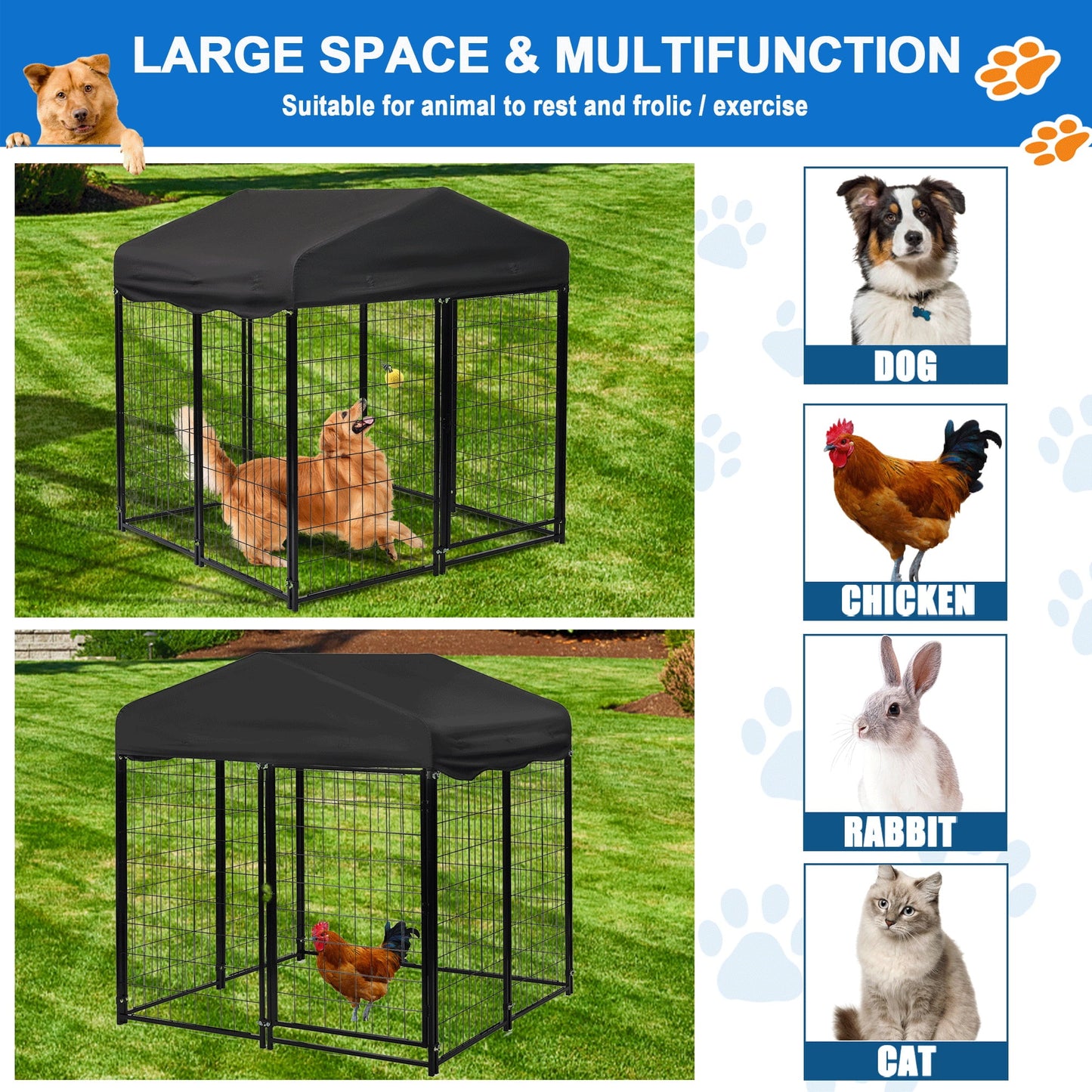 Suchown Outdoor Dog Kennel, Heavy Duty Dog Crate & Playpen, with Waterproof Roof, Secure Lock and Ground Stakes for Large Dogs