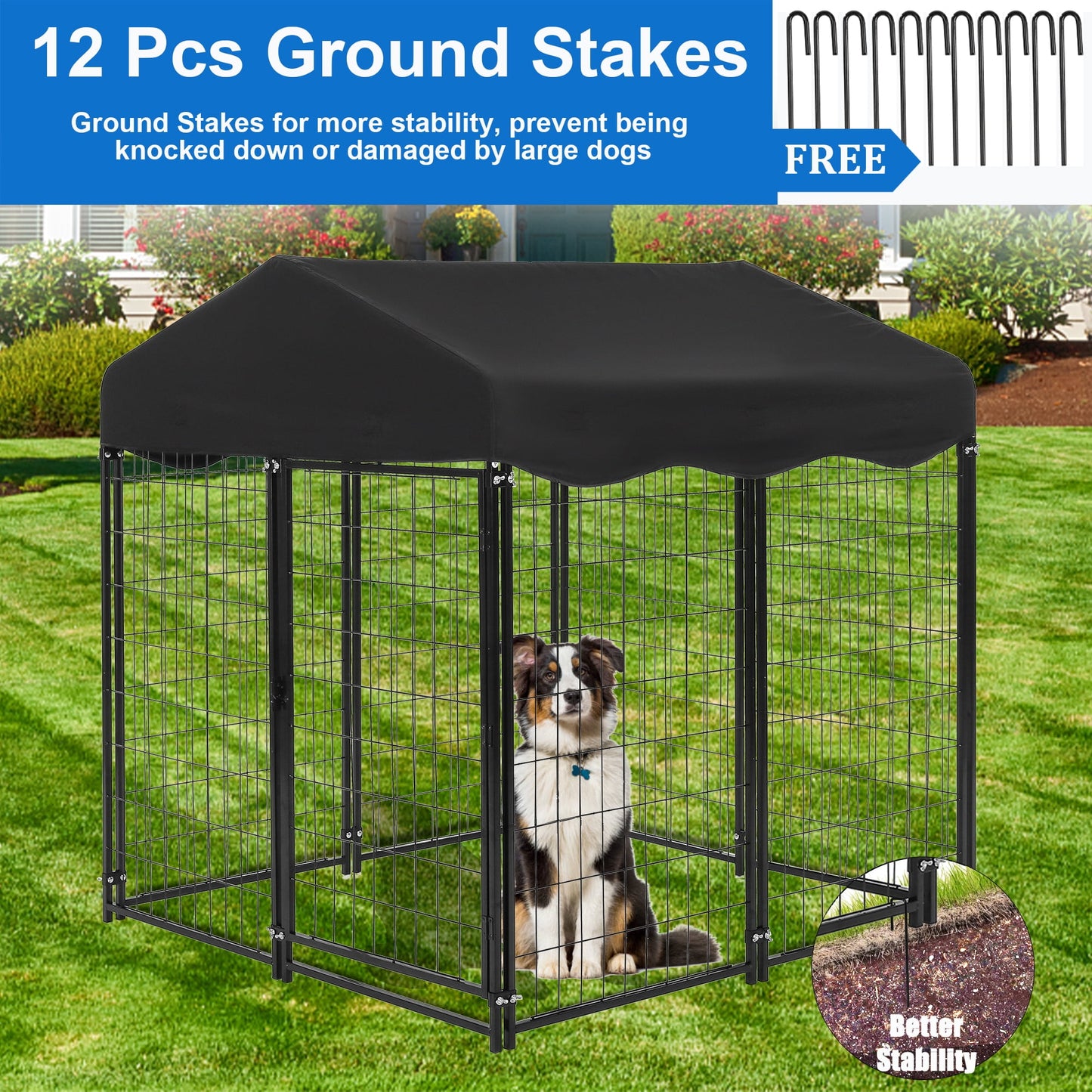 Suchown Outdoor Dog Kennel, Heavy Duty Dog Crate & Playpen, with Waterproof Roof, Secure Lock and Ground Stakes for Large Dogs