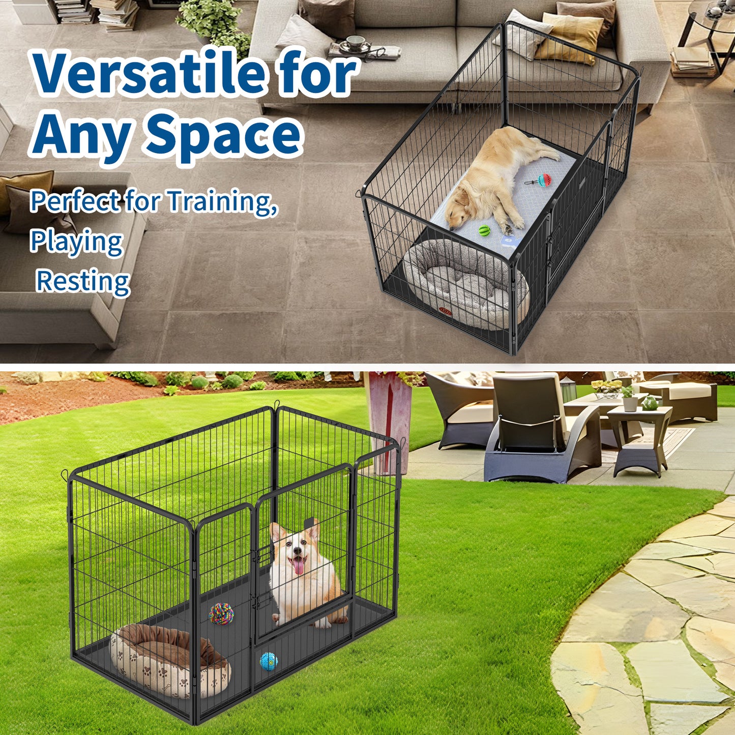 Suchown Heavy Duty Dog Playpen with Bottom Tray, 4 Panels Indoor Outdoor Dog Kennel, Puppy Playpen, Portable Dog Cage Dog Crate Pet Fence with Secure Lock, for Small Dogs, 50"L x 30"W x 32"H, Black