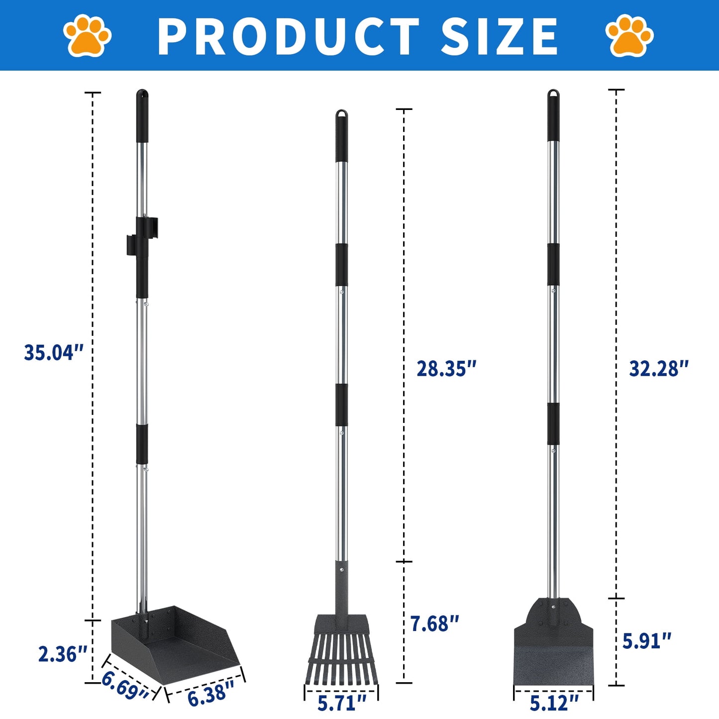 38” Long Handle Dog Pooper Scooper, Suchown 3-Piece Metal Waste Scooper Set with Rake, Tray and Spade, No Bend Cleanup for Yard, Grass, Lawn