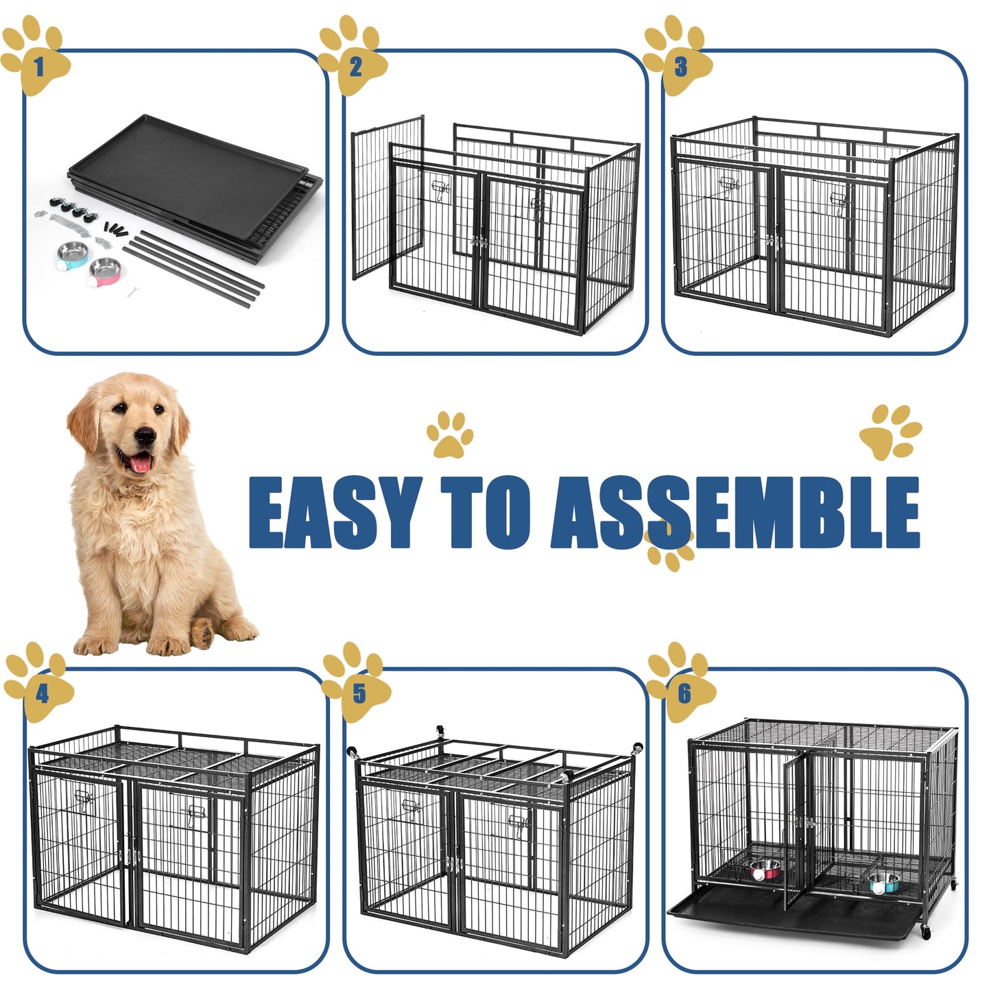 Suchown Heavy Duty Dog Crate – 37 Inch Escape-Proof Steel Cage for Small to Medium Dogs, Stackable Metal Kennel with Double Door, Lockable Wheels, Removable Tray & Feeding Bowls, Indoor/Outdoor Use