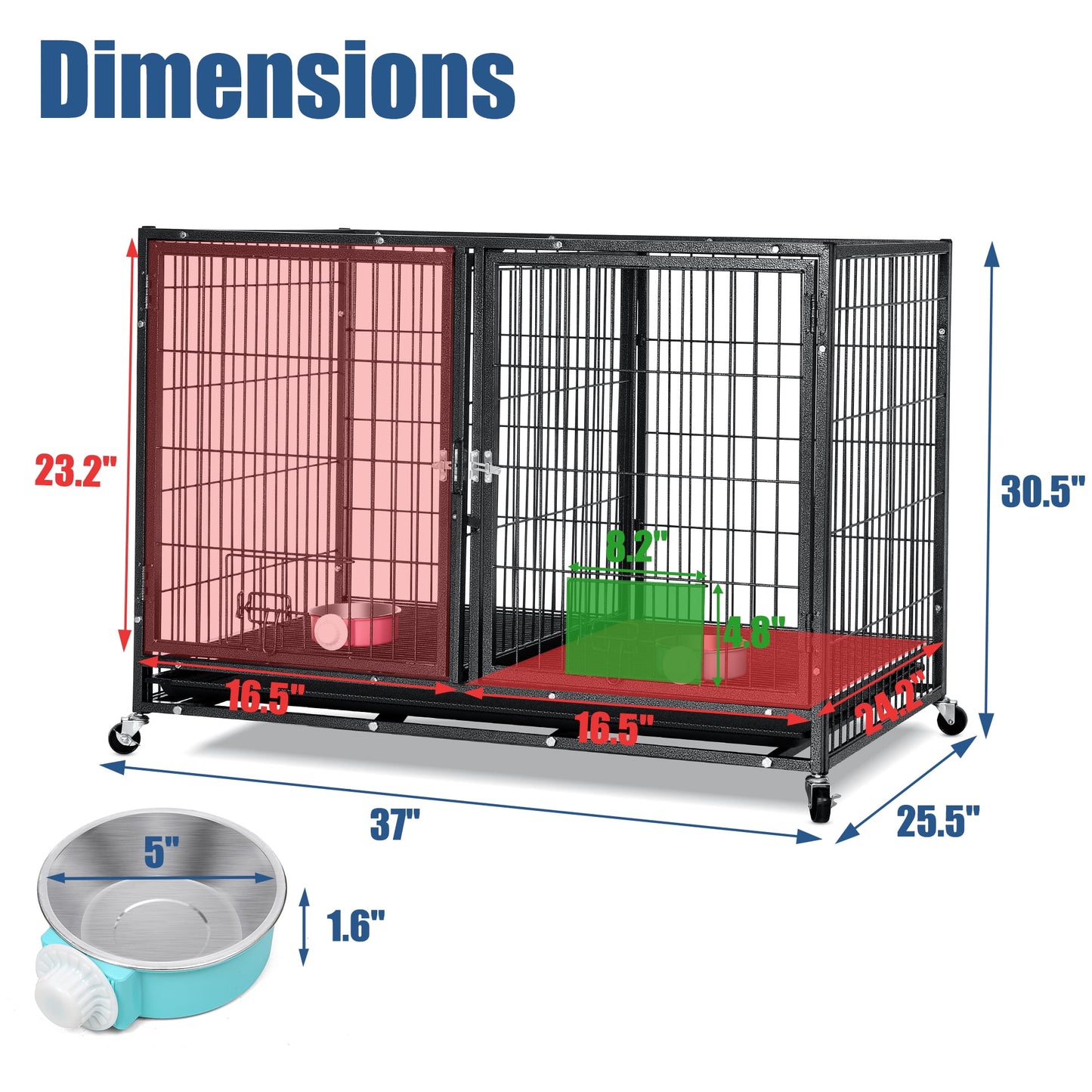 Suchown Heavy Duty Dog Crate – 37 Inch Escape-Proof Steel Cage for Small to Medium Dogs, Stackable Metal Kennel with Double Door, Lockable Wheels, Removable Tray & Feeding Bowls, Indoor/Outdoor Use