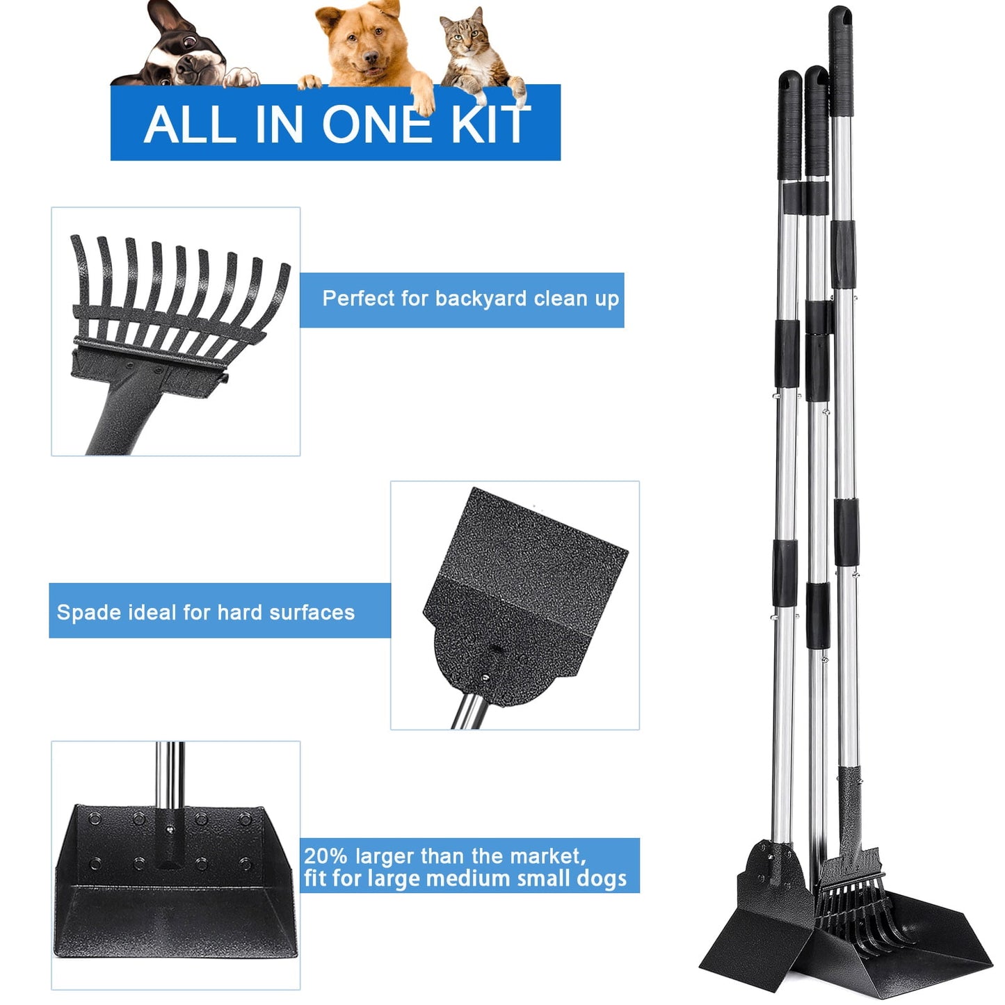 38” Long Handle Dog Pooper Scooper, Suchown 3-Piece Metal Waste Scooper Set with Rake, Tray and Spade, No Bend Cleanup for Yard, Grass, Lawn
