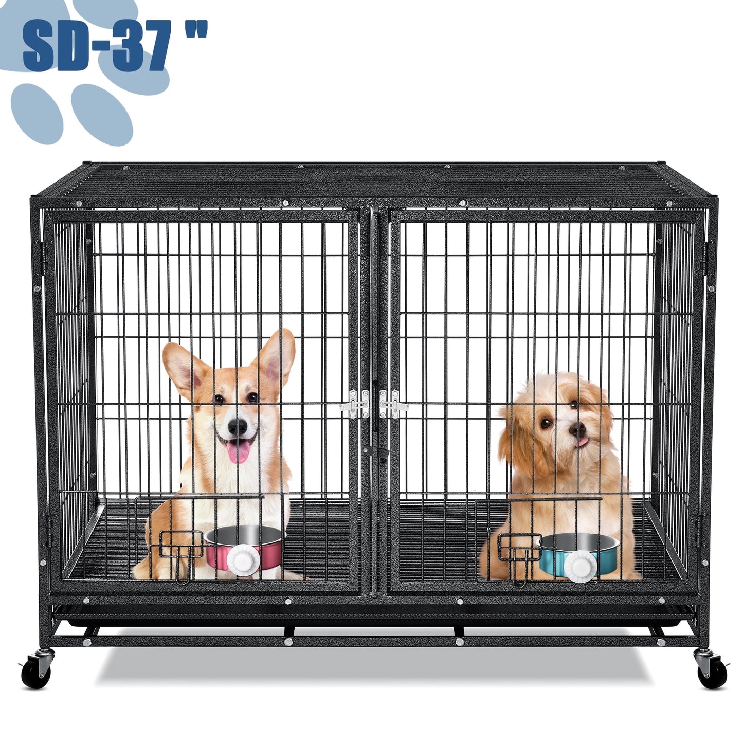 Suchown Heavy Duty Dog Crate – 37 Inch Escape-Proof Steel Cage for Small to Medium Dogs, Stackable Metal Kennel with Double Door, Lockable Wheels, Removable Tray & Feeding Bowls, Indoor/Outdoor Use