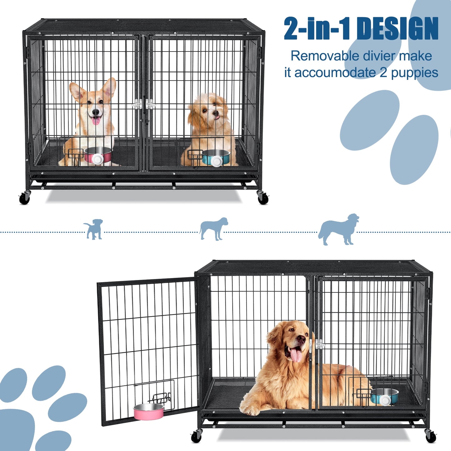 Suchown Heavy Duty Dog Crate – 37 Inch Escape-Proof Steel Cage for Small to Medium Dogs, Stackable Metal Kennel with Double Door, Lockable Wheels, Removable Tray & Feeding Bowls, Indoor/Outdoor Use