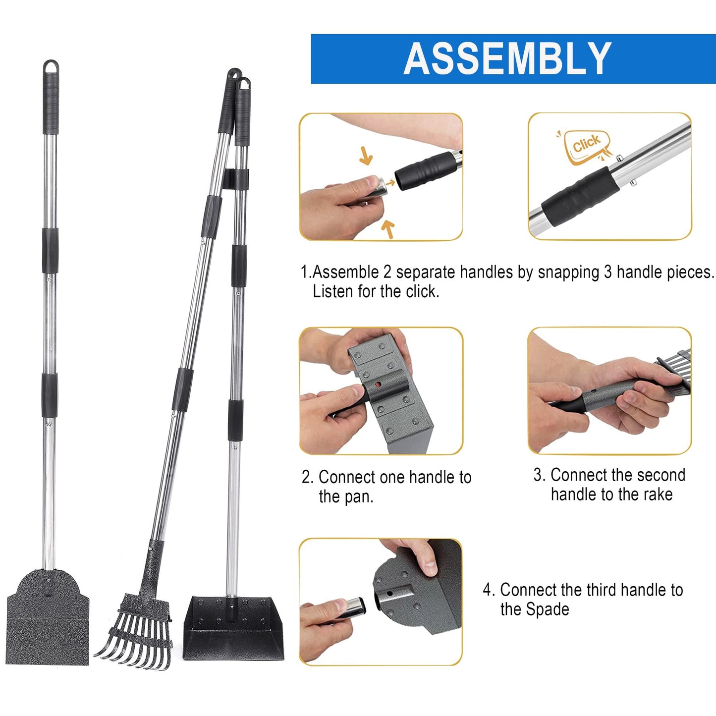 38” Long Handle Dog Pooper Scooper, Suchown 3-Piece Metal Waste Scooper Set with Rake, Tray and Spade, No Bend Cleanup for Yard, Grass, Lawn