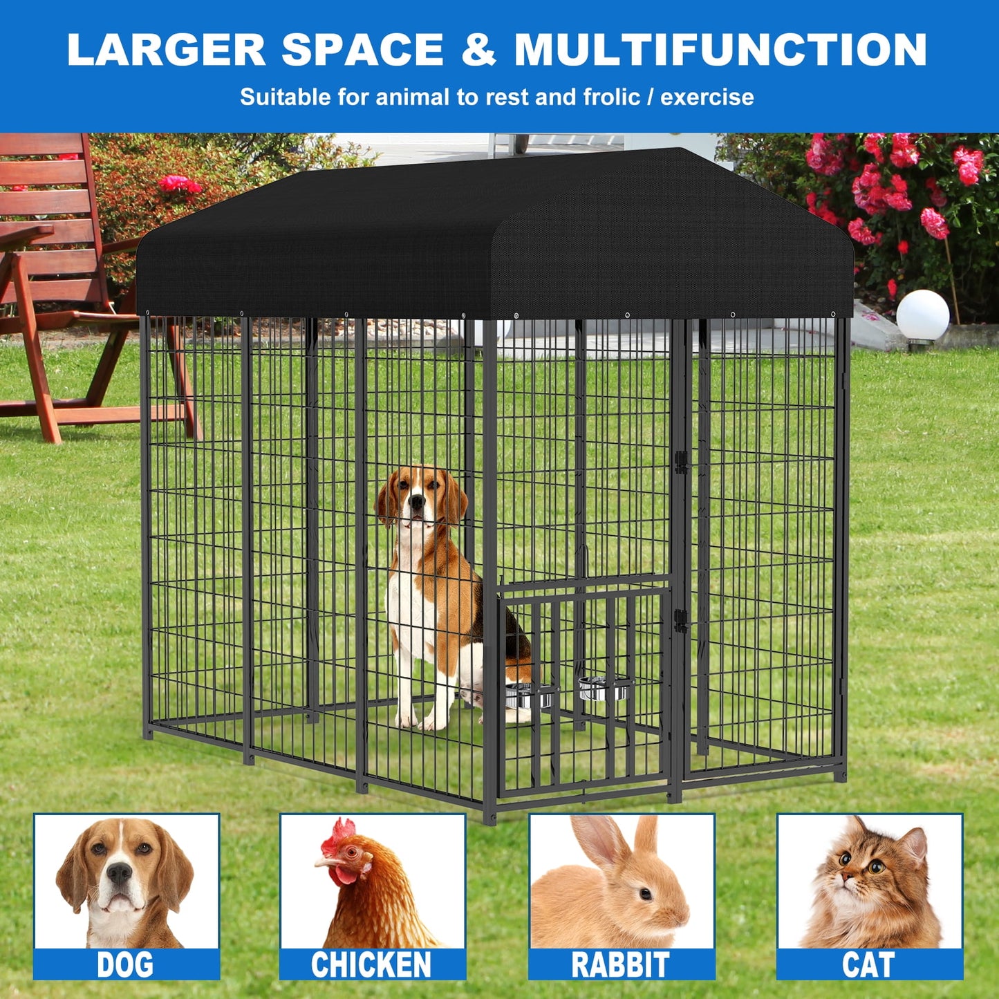 Suchown Outdoor Dog Kennel, Heavy Duty Dog Crate & Playpen, with Waterproof Roof, Secure Lock and Ground Stakes for Large Dogs