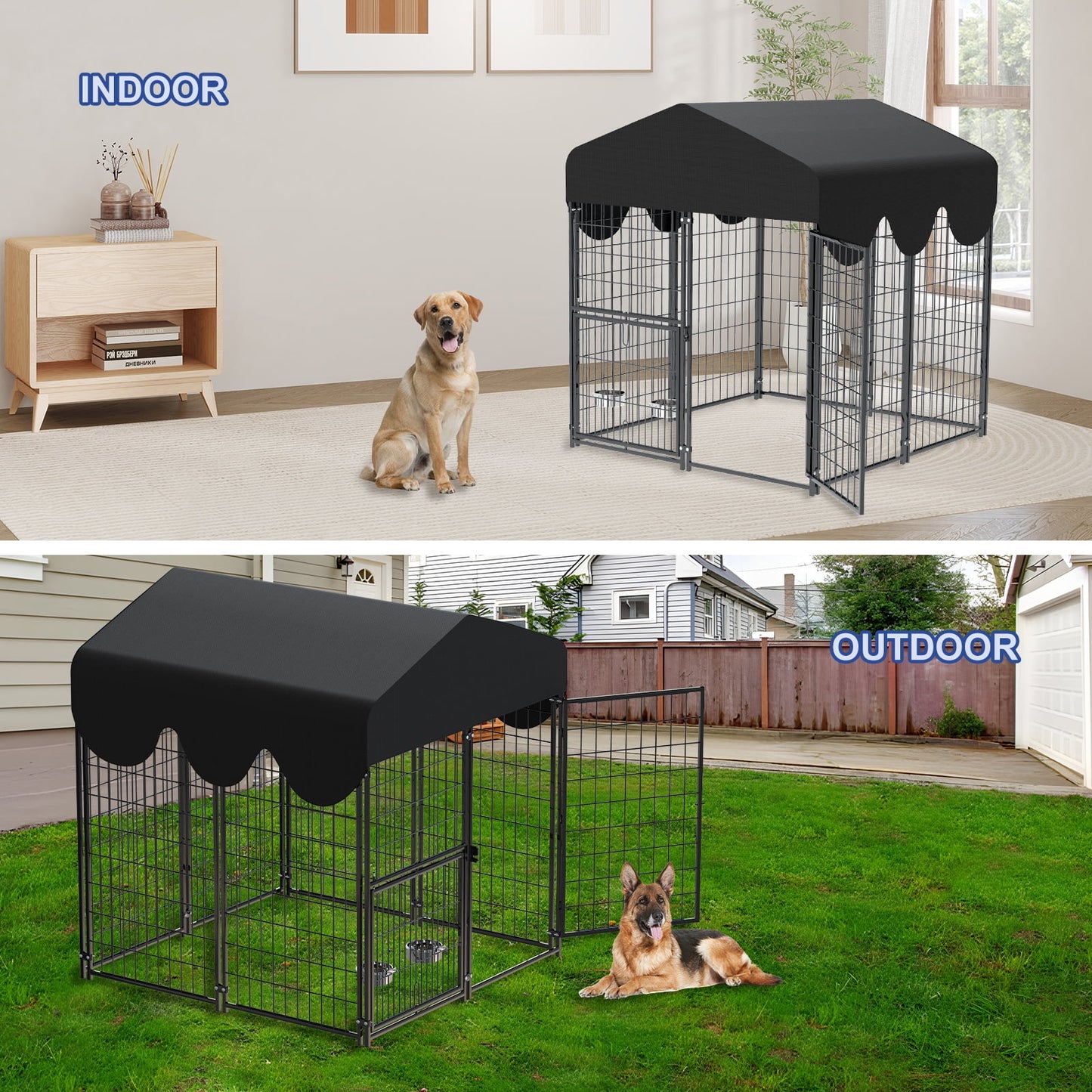 Suchown Dog Kennel Outdoor with Roof – Heavy Duty Dog Run, Large Dog Crate with Waterproof Cover, Rotating Feeder & Secure Lock, Expandable Dog Fence for Small to Large Dogs, 4' x 4.25' x 4.5'
