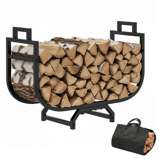 Bonhappy Firewood Rack with Log Carrier Bag, Heavy Duty Metal Firewood Holder Indoor Outdoor, Rust Resistant Fire Wood Rack for Fireplace, Patio, Deck, Fire Pit, and Wood Stove