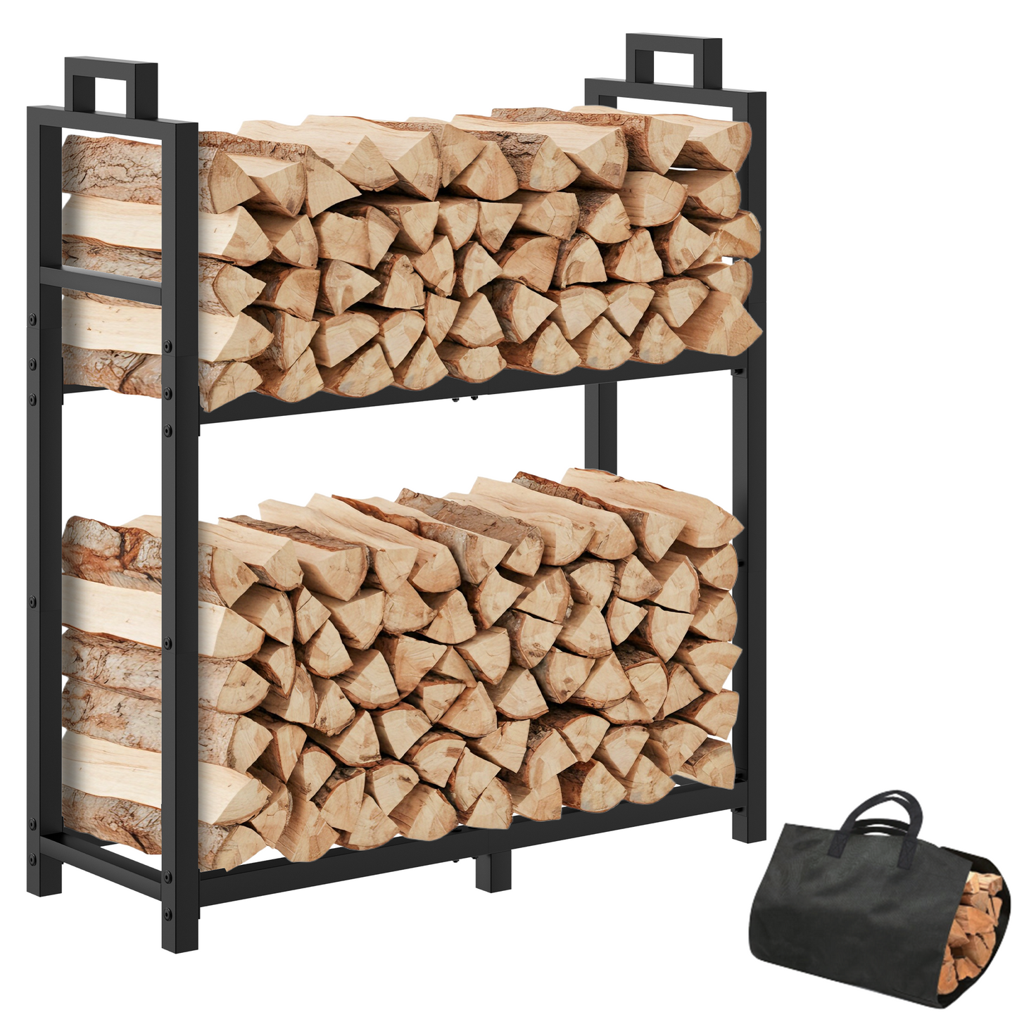 Bonhappy Firewood Rack with Log Carrier Bag, Heavy Duty Metal Firewood Holder Indoor Outdoor, Rust Resistant Fire Wood Rack for Fireplace, Patio, Deck, Fire Pit, and Wood Stove