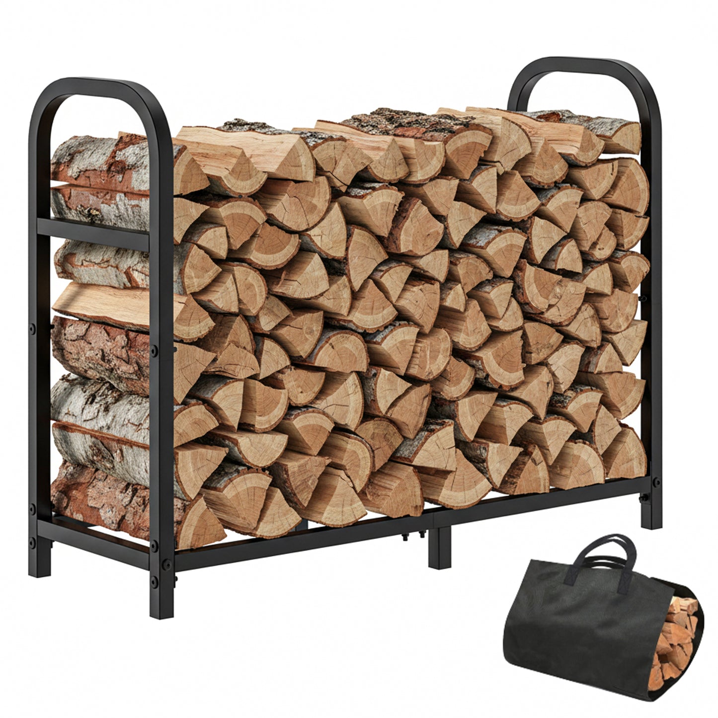 Bonhappy Firewood Rack with Log Carrier Bag, Heavy Duty Metal Firewood Holder Indoor Outdoor, Rust Resistant Fire Wood Rack for Fireplace, Patio, Deck, Fire Pit, and Wood Stove