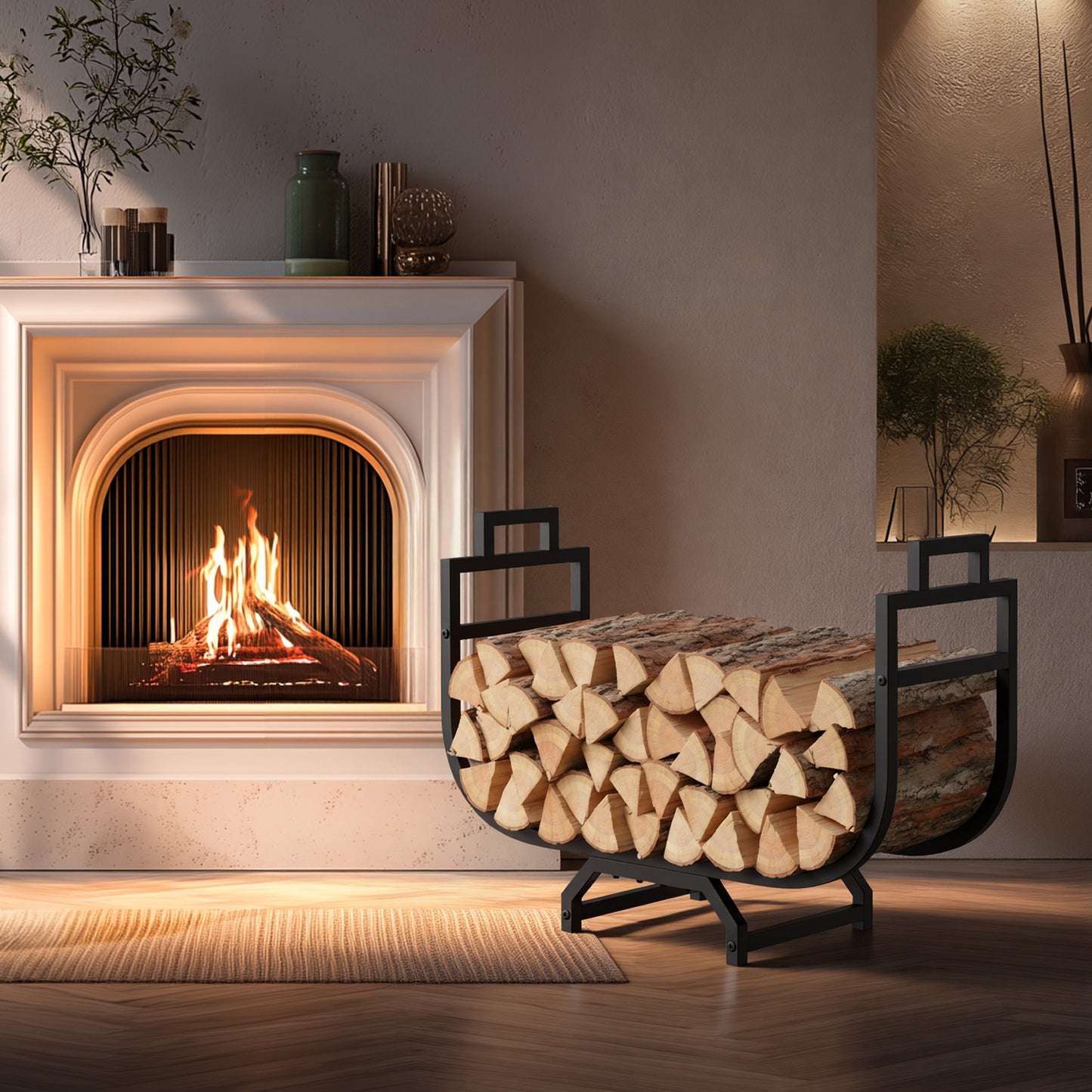 Bonhappy Firewood Rack with Log Carrier Bag, Heavy Duty Metal Firewood Holder Indoor Outdoor, Rust Resistant Fire Wood Rack for Fireplace, Patio, Deck, Fire Pit, and Wood Stove