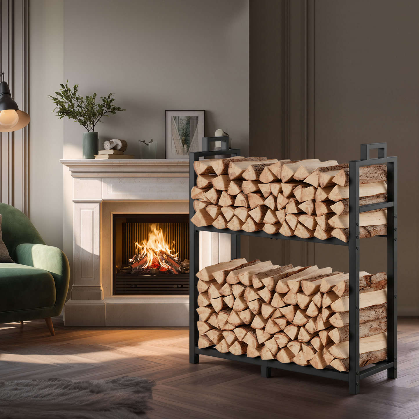 Bonhappy Firewood Rack with Log Carrier Bag, Heavy Duty Metal Firewood Holder Indoor Outdoor, Rust Resistant Fire Wood Rack for Fireplace, Patio, Deck, Fire Pit, and Wood Stove