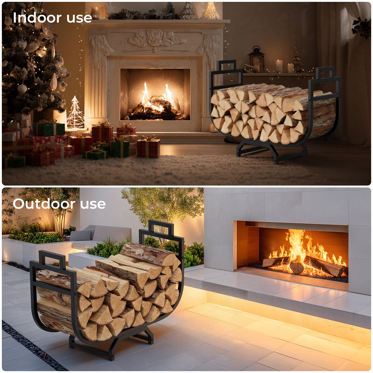 Bonhappy Firewood Rack with Log Carrier Bag, Heavy Duty Metal Firewood Holder Indoor Outdoor, Rust Resistant Fire Wood Rack for Fireplace, Patio, Deck, Fire Pit, and Wood Stove