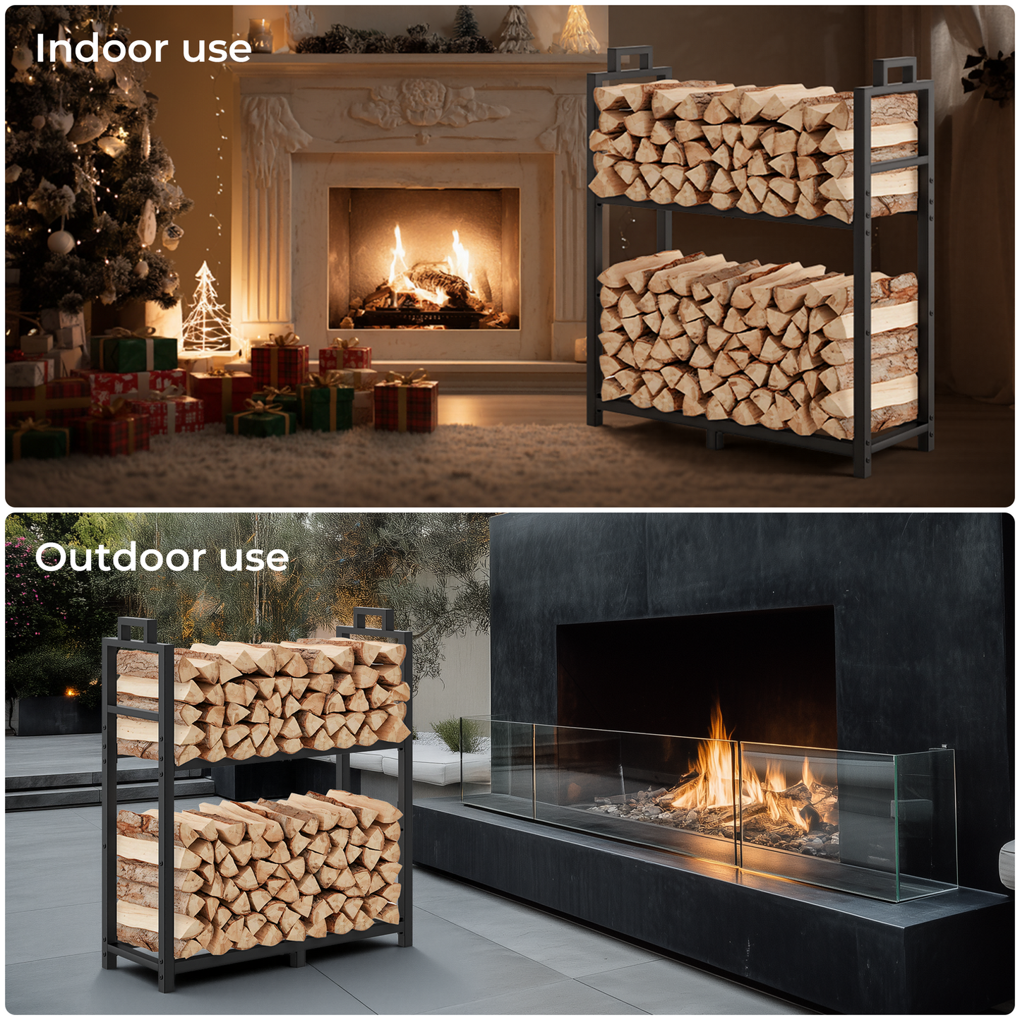 Bonhappy Firewood Rack with Log Carrier Bag, Heavy Duty Metal Firewood Holder Indoor Outdoor, Rust Resistant Fire Wood Rack for Fireplace, Patio, Deck, Fire Pit, and Wood Stove