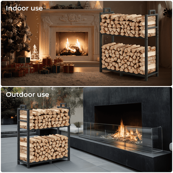 Bonhappy 30-Inch 2-Tier Firewood Rack with Handle, Fixed Sturdy Steel Design for Indoor & Outdoor, Heavy Duty Log Holder for Fireplace and Fire Pit