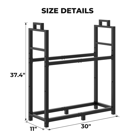 Bonhappy 30-Inch 2-Tier Firewood Rack with Handle, Fixed Sturdy Steel Design for Indoor & Outdoor, Heavy Duty Log Holder for Fireplace and Fire Pit