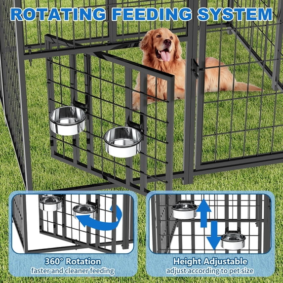 Suchown 4' x 4' x 5.6' Heavy Duty Dog Kennel Outdoor - Welded Wire Puppy Training Pen with Roof Cover & Rotating Feeders - Secure Walk-In Enclosure