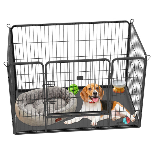 Suchown Heavy Duty Dog Playpen with Bottom Tray, 4 Panels Indoor Outdoor Dog Kennel, Puppy Playpen, Portable Dog Cage Dog Crate Pet Fence with Secure Lock, for Small Dogs, 50"L x 30"W x 32"H, Black