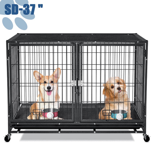Suchown Heavy Duty Dog Crate – 37 Inch Escape-Proof Steel Cage for Small to Medium Dogs, Stackable Metal Kennel with Double Door, Lockable Wheels, Removable Tray & Feeding Bowls, Indoor/Outdoor Use