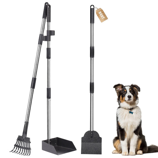 38” Long Handle Dog Pooper Scooper, Suchown 3-Piece Metal Waste Scooper Set with Rake, Tray and Spade, No Bend Cleanup for Yard, Grass, Lawn