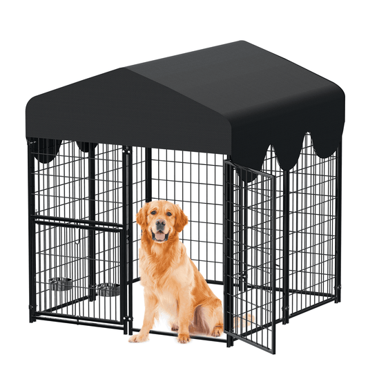 Suchown Dog Kennel Outdoor with Roof – Heavy Duty Dog Run, Large Dog Crate with Waterproof Cover, Rotating Feeder & Secure Lock, Expandable Dog Fence for Small to Large Dogs, 4' x 4.25' x 4.5'
