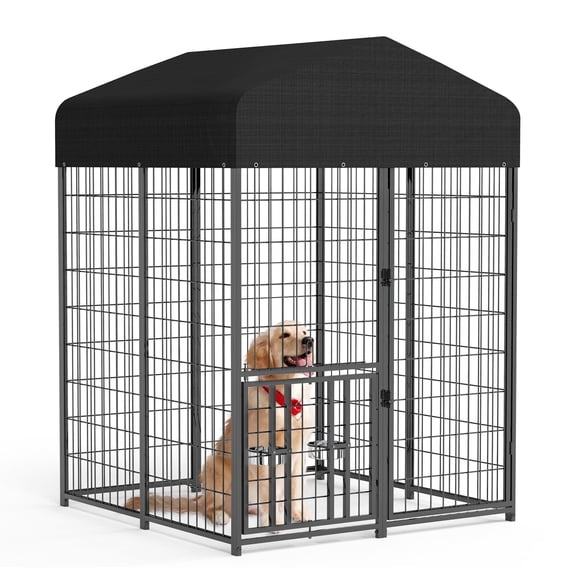 Suchown 4' x 4' x 5.6' Heavy Duty Dog Kennel Outdoor - Welded Wire Puppy Training Pen with Roof Cover & Rotating Feeders - Secure Walk-In Enclosure