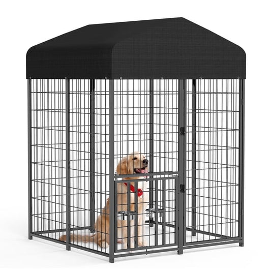 Suchown 4' x 4' x 5.6' Heavy Duty Dog Kennel Outdoor - Welded Wire Puppy Training Pen with Roof Cover & Rotating Feeders - Secure Walk-In Enclosure