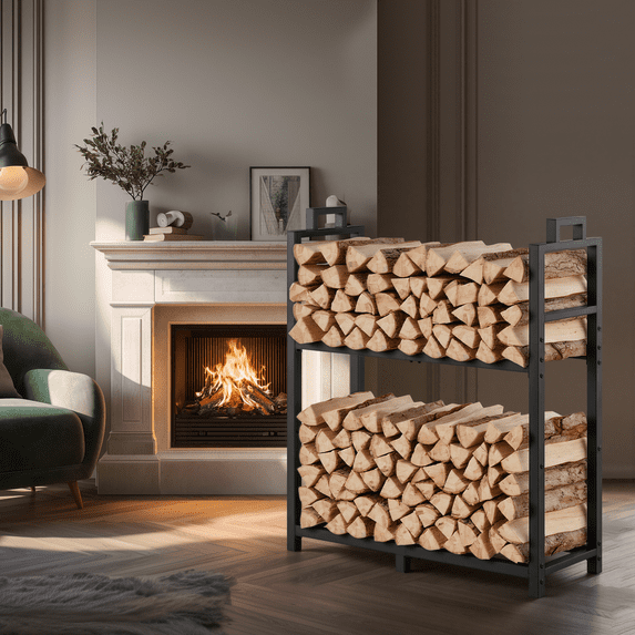 Bonhappy 30-Inch 2-Tier Firewood Rack with Handle, Fixed Sturdy Steel Design for Indoor & Outdoor, Heavy Duty Log Holder for Fireplace and Fire Pit