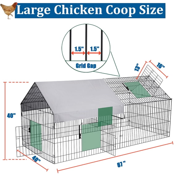 Suchown 87" x 40" Large Metal Chicken Run with Waterproof Cover - Anti-Rust Outdoor Poultry Cage & Rabbit Enclosure - Heavy Duty Pet Playpen with Top Access for Backyard
